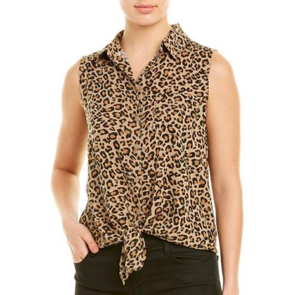 Beachlunchlounge Leopard Print Sleeveless Tie Front Top Size L